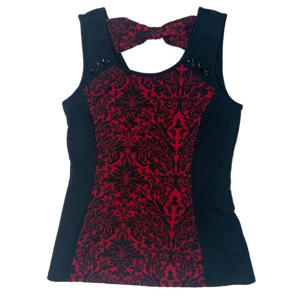 Maurices Black Red Rhinestone Bow Top Sleeveless Blouse Scroll Floral Small 4 6 - Picture 1 of 9